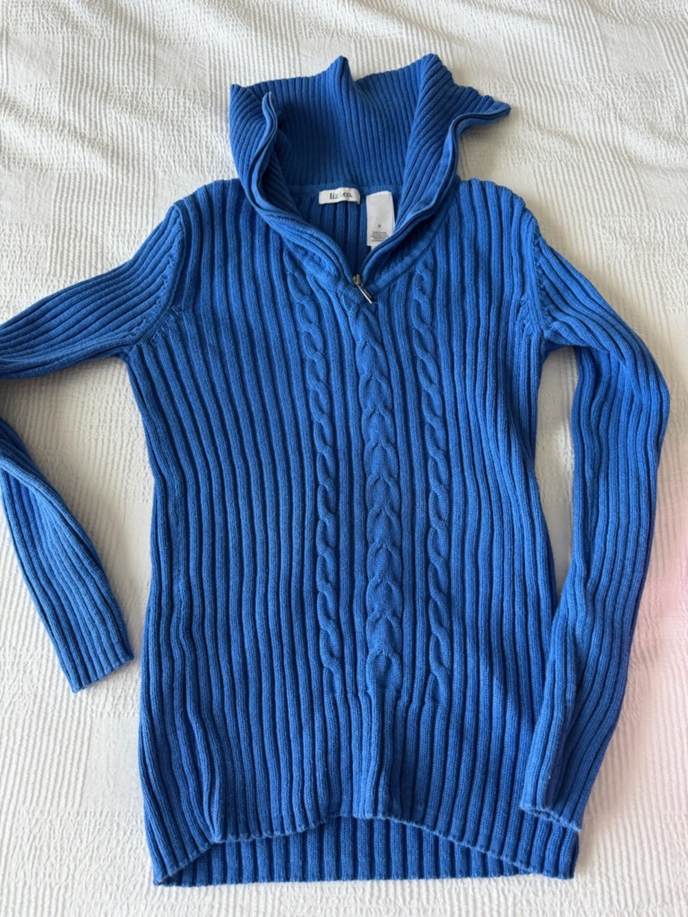 Blue Ribbed Cable-Knit Half-Zip Sweater
